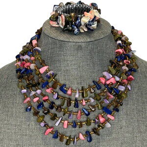 Vintage Multicolor Dyed Shell Multistrand Necklace Bracelet Japan